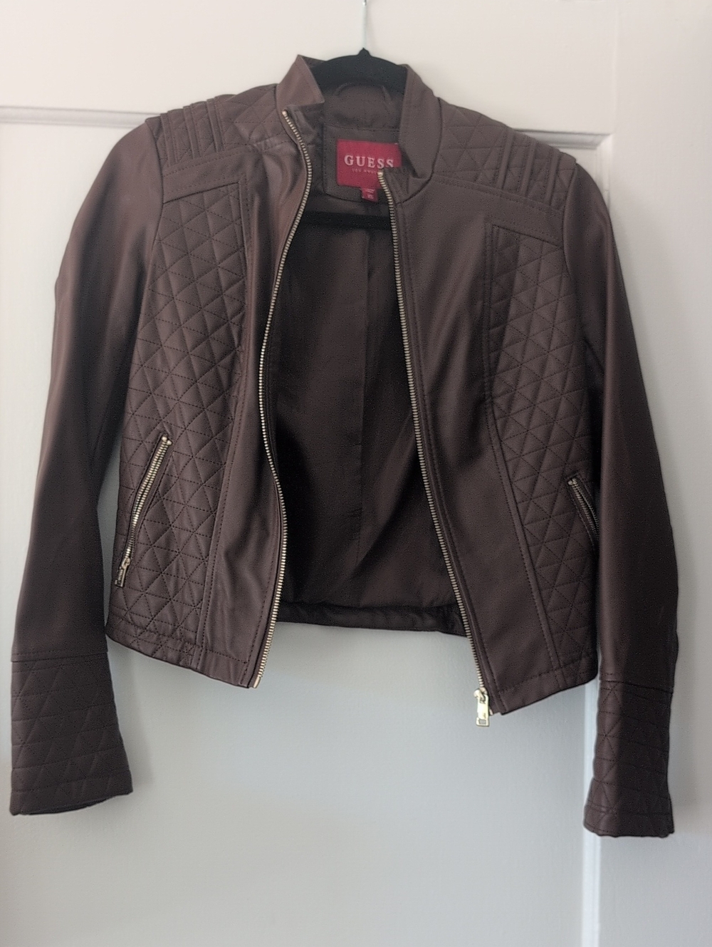 GUESS Quilted Brown Faux Leather Moto Jacket